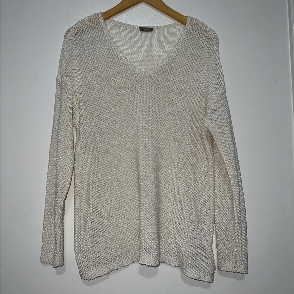 J Jill Sweater Womens Size M White Knit V Neck Long Sleeve Open Weave